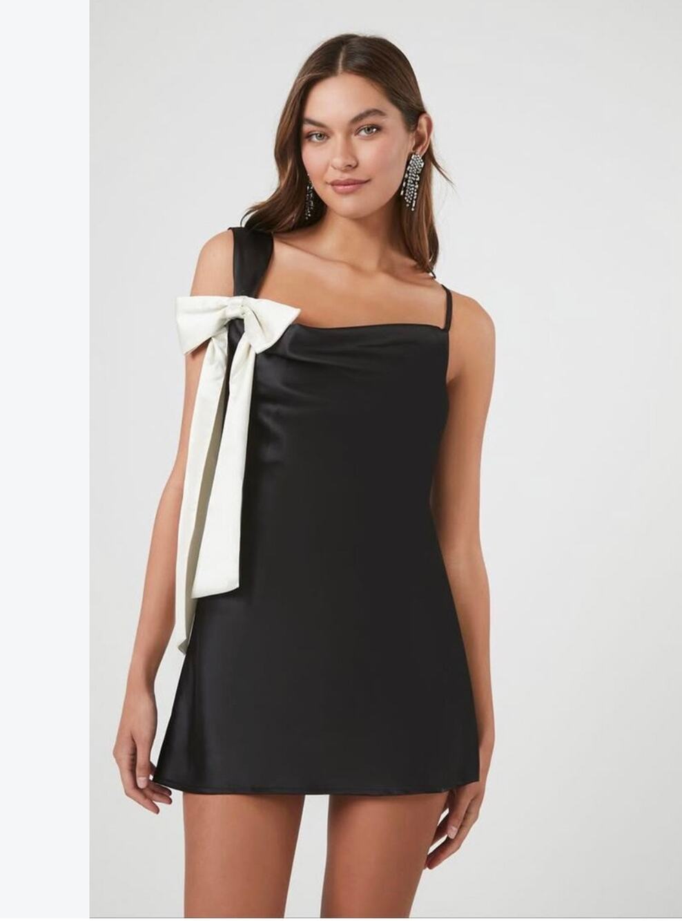 Forever 21 black satin mini dress with white bow detail, size M #party #glam